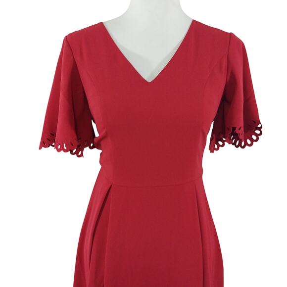 NWT@$50! H & M! ROUGE RED SCALLOPED/,LACE SLEEVE SHIFT STYLE MIDI DRESS! SZ 2 - Picture 3 of 11